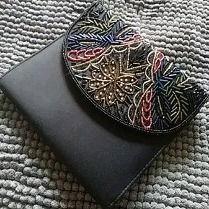 Black Satin Sequin Envelope Clutch